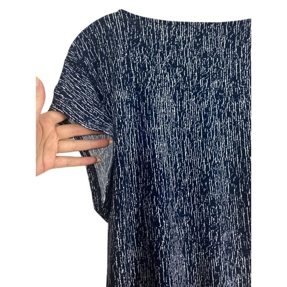 Halston Womens Navy White Textured Print Midi Dress Tie Waist Cap Sleeves Medium - Picture 6 of 9